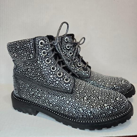 Forever Womens Black Rhinestone Studded Combat Boots Lace Up Size 10 - Picture 4 of 8